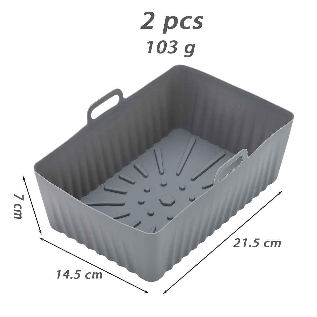 Grauer Silikon-Frittierkorb. Abmessungen: 14,5 x 21,5 x 7 cm. Er hat Griffe und einen strukturierten Boden. Text oben: '2 Stk. 103 g'.