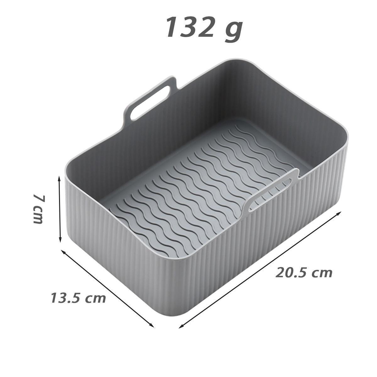 Grauer rechteckiger Silikonkorb mit gewelltem Boden. Maße: 20,5 cm x 13,5 cm x 7 cm, Gewicht 132 g. Griffe an beiden Seiten.