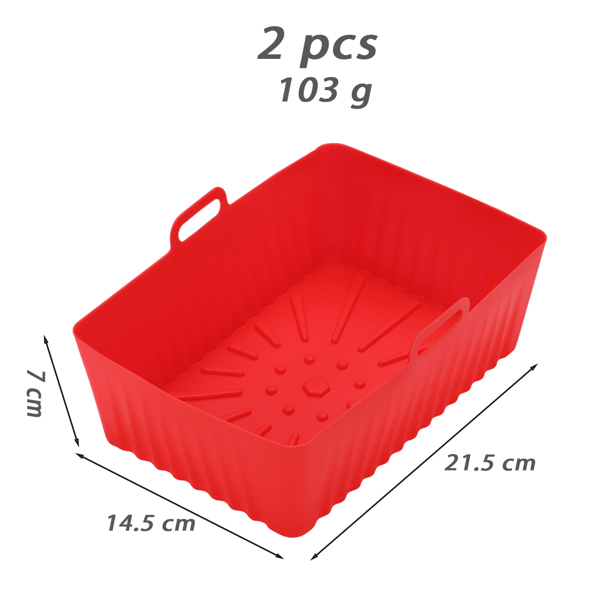 Ein roter rechteckiger Airfryer-Korb mit beschrifteten Abmessungen. Oben sind 2 Stück, 103 g angegeben. Maße sind 14,5 cm, 21,5 cm und 7 cm.