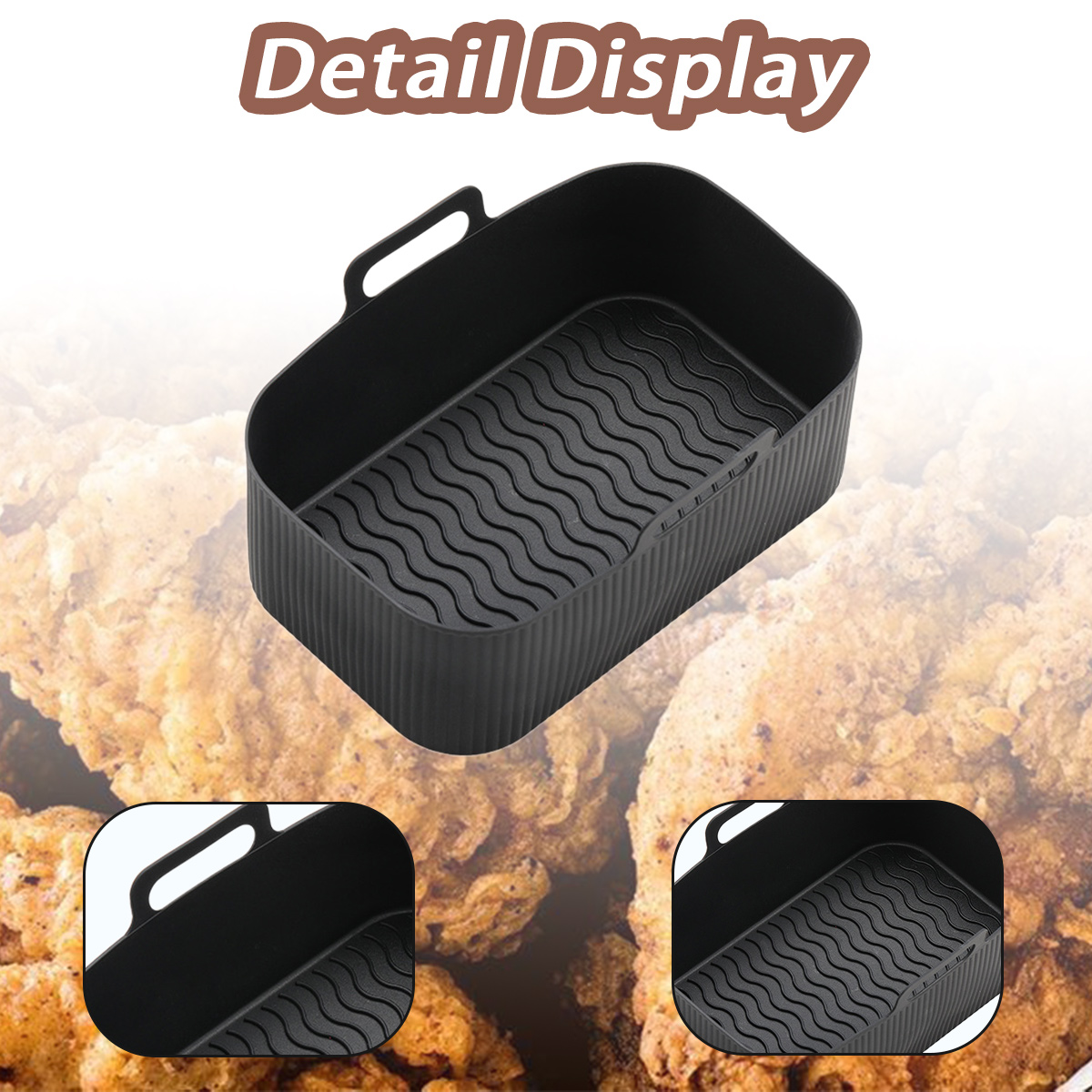 Schwarzer Airfryer-Korb mit Griff. Der Innenraum weist ein wellenförmiges Muster auf. Eckdetails sind sichtbar. Der Hintergrund ist frittiertes Essen.