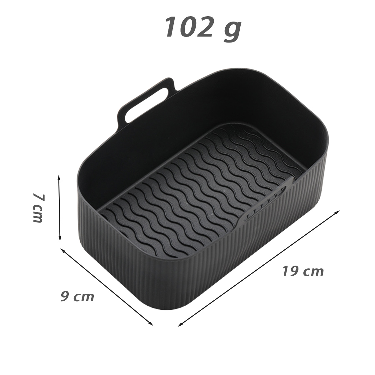 Schwarzer rechteckiger Airfryer-Korb mit Griff und welligem Boden. Abmessungen sind 19 cm x 9 cm x 7 cm, 102 g.