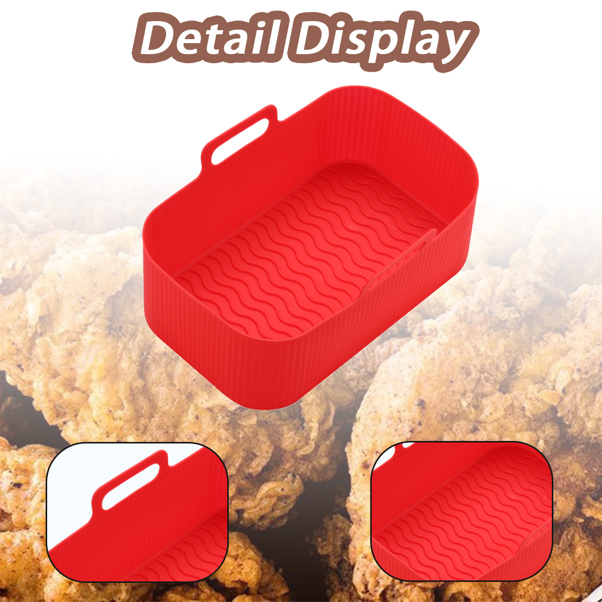 Ein roter Silikon-Airfryer-Korb mit Griffen, gewelltem Boden und Detailanzeigetext, vor einem frittierten Speisenhintergrund.