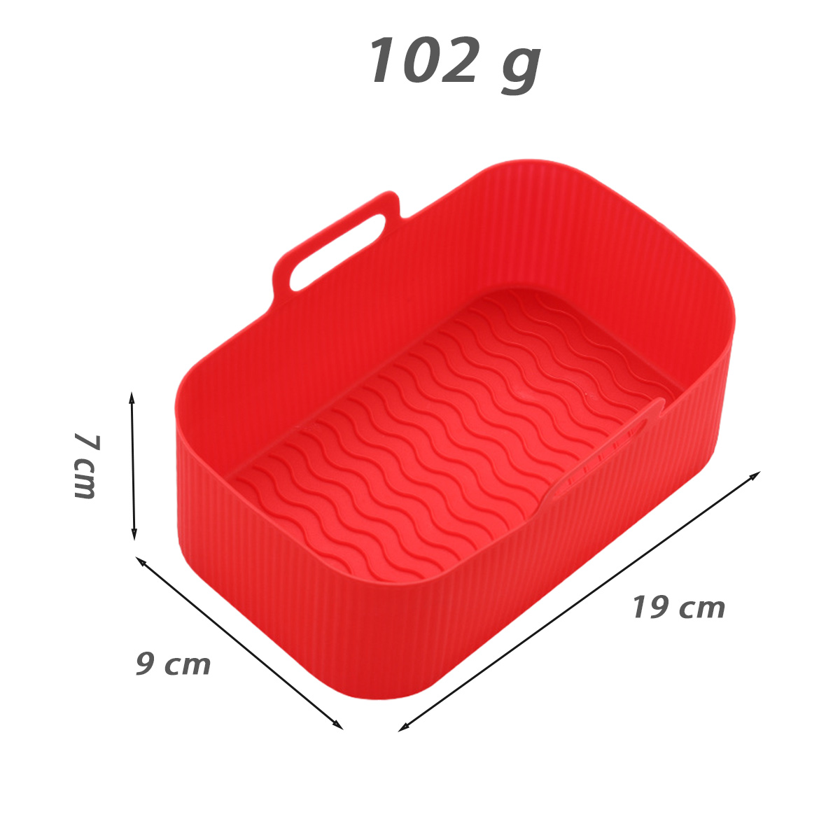 Roter rechteckiger Luftfritteusenkorb mit Maßangaben. Oben: 102g. Seite: 7cm. Unten: 9cm. Länge: 19cm. Der Korb hat einen Griff.