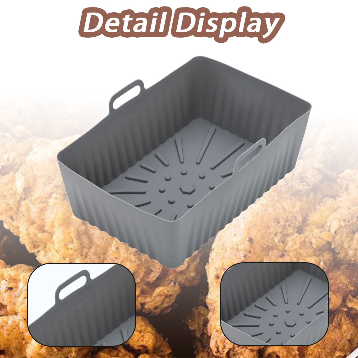 Ein grauer rechteckiger Airfryer-Korb mit Griffen. Der Korb befindet sich über frittiertem Essen. Detail Display Text steht über dem Korb.