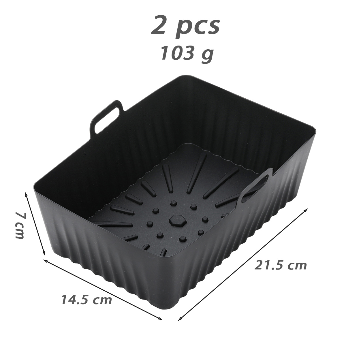 Ein schwarzer rechteckiger Airfryer-Korb mit Griffen. Maße: 14,5 cm x 21,5 cm x 7 cm. Text: 2 Stück, 103 g.