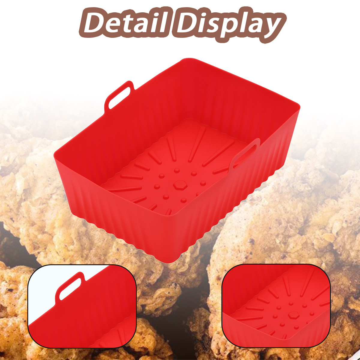 Ein roter, rechteckiger Airfryer-Korb mit Griffen. Das Bild zeigt auch Nahaufnahmen der Details des Korbs. Hintergrund hat frittiertes Essen.