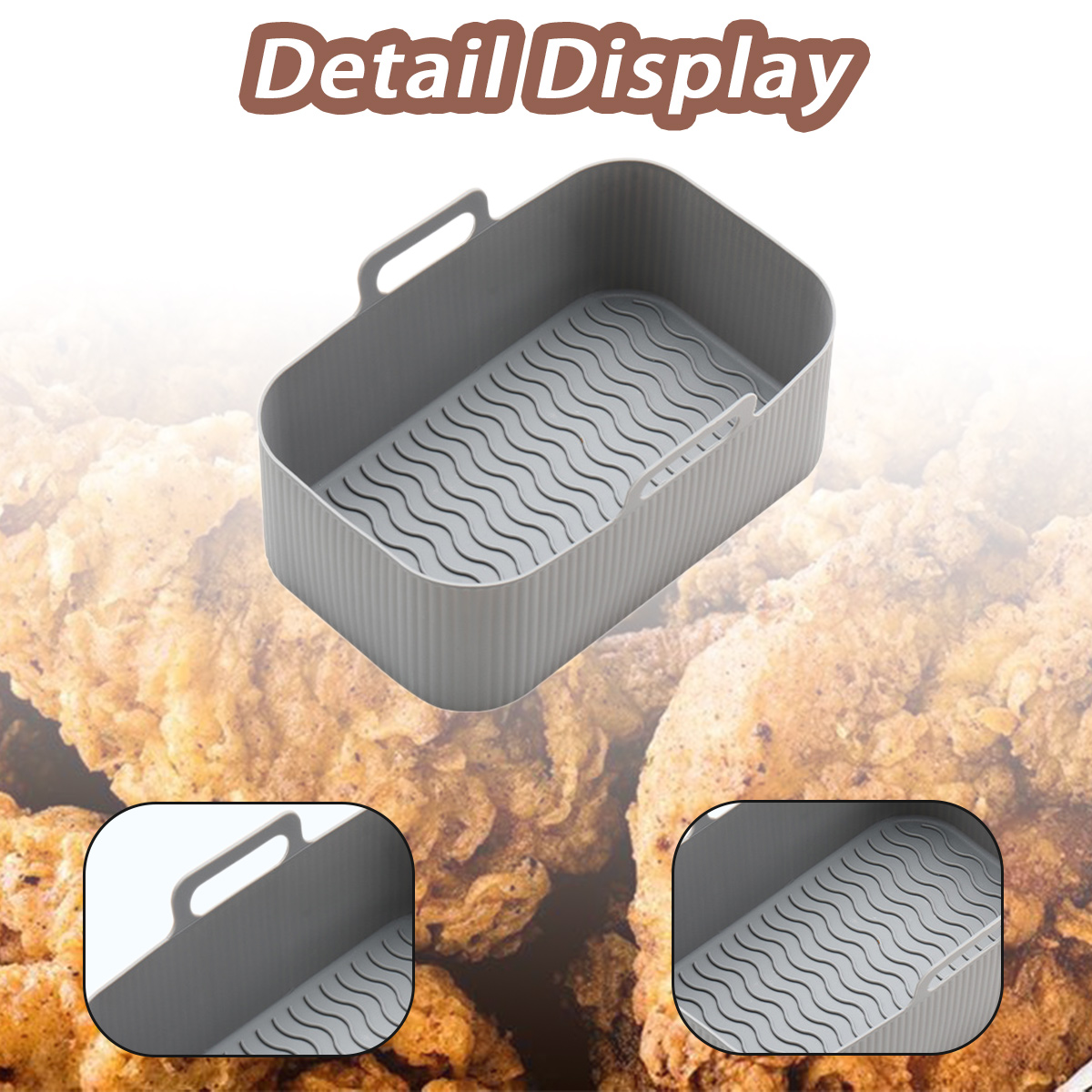 Ein grauer Airfryer-Korb mit welligem Boden wird zusammen mit Detailanzeigen vorgestellt. Der Hintergrund zeigt gebratenes Hähnchen.