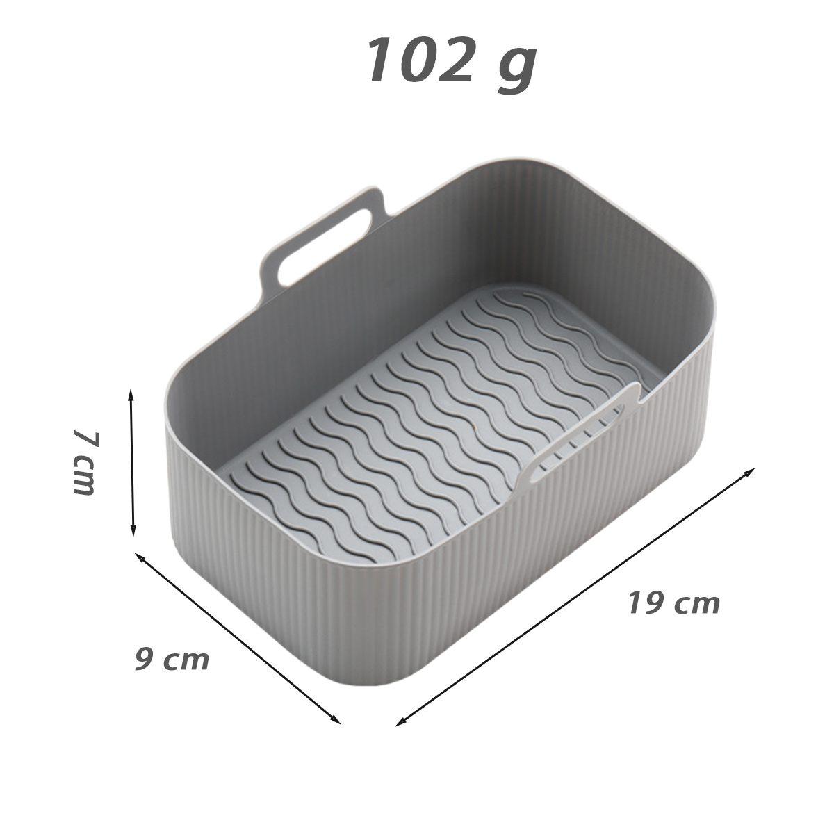 Grauer rechteckiger Behälter mit Griff, wellenförmiger Basis und den Maßen 9 cm, 19 cm, 7 cm und 102 g. Weißer Hintergrund.