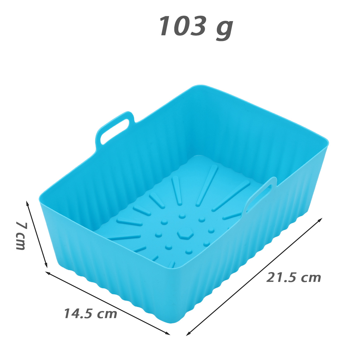 Ein rechteckiger, hellblauer Korb mit Griffen. Abmessungen sind beschriftet: 14,5 cm, 21,5 cm und 7 cm. Gewicht: 103 g.