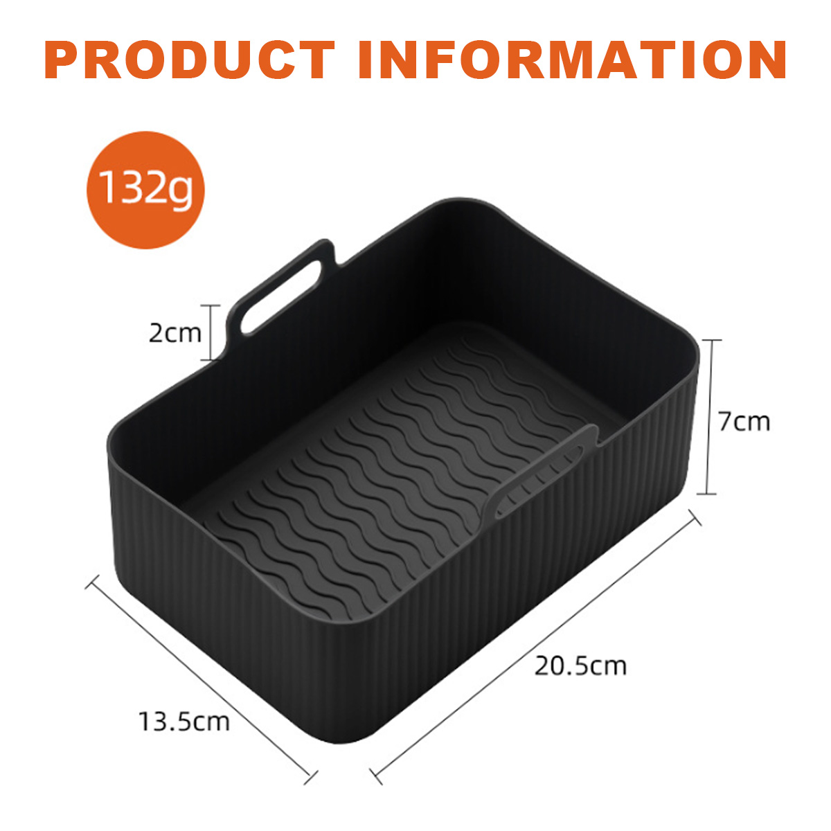 Schwarzer rechteckiger Airfryer-Korb. Abmessungen: 13,5 cm, 20,5 cm, 7 cm und 2 cm. Ein oranger Kreis zeigt 132 g Gewicht.