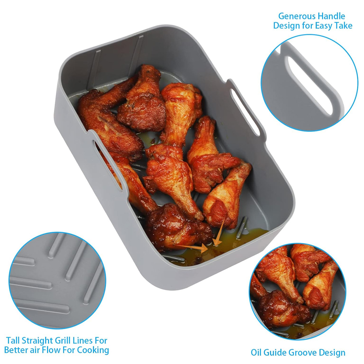 Ein grauer Airfryer-Korb mit gebratenen Hähnchenflügeln. Details zeigen Grilllinien, Griffdesign und Ölleitnut.