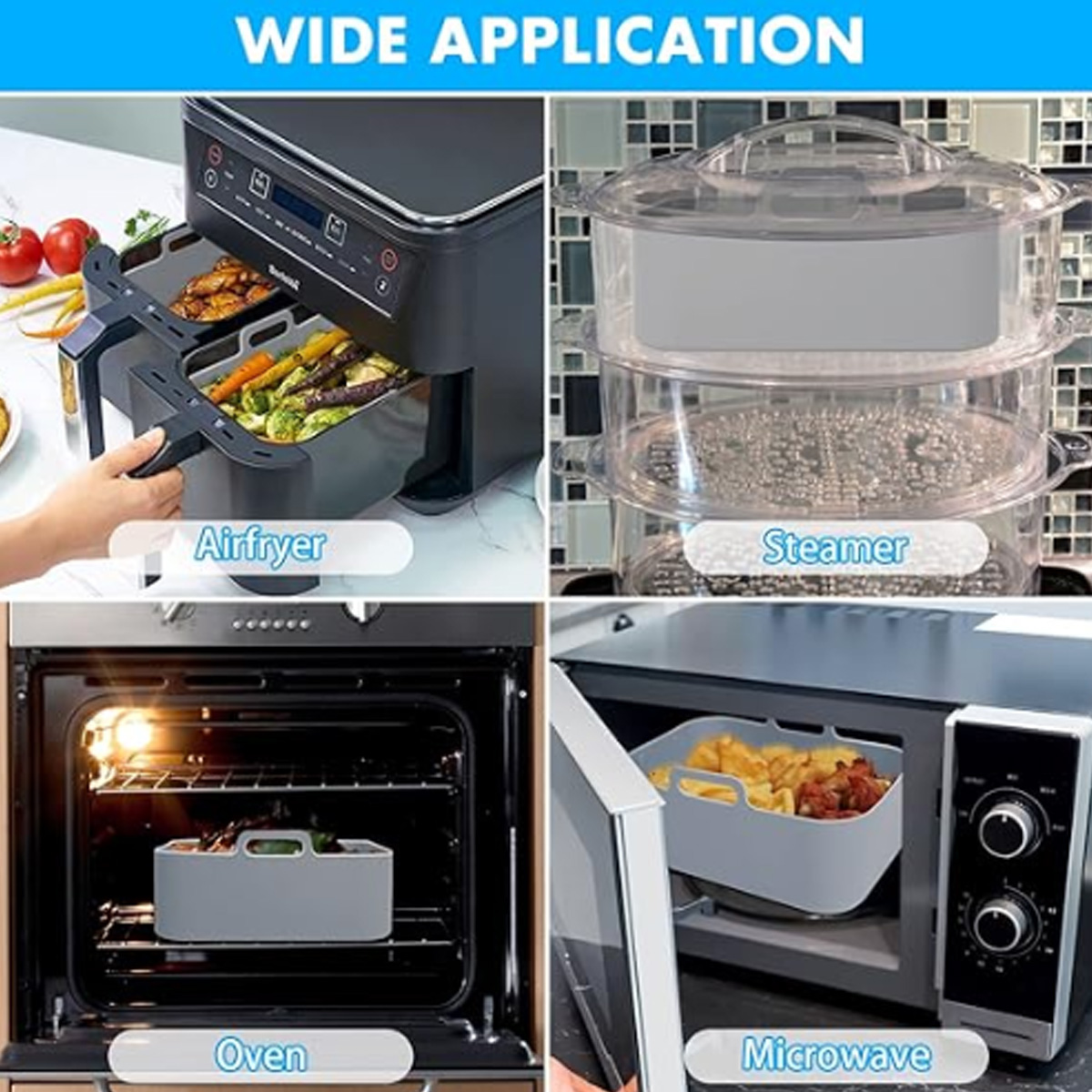 Das Bild zeigt eine Heißluftfritteuse, einen Dampfgarer, einen Backofen und eine Mikrowelle mit Essen darin. Der Text 'Wide application' steht oben.