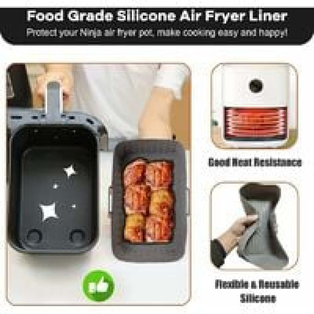 Das Bild zeigt einen Airfryer-Liner mit Essen darin. Text erwähnt lebensmittelechtes Silikon, Hitzebeständigkeit und Wiederverwendbarkeit.