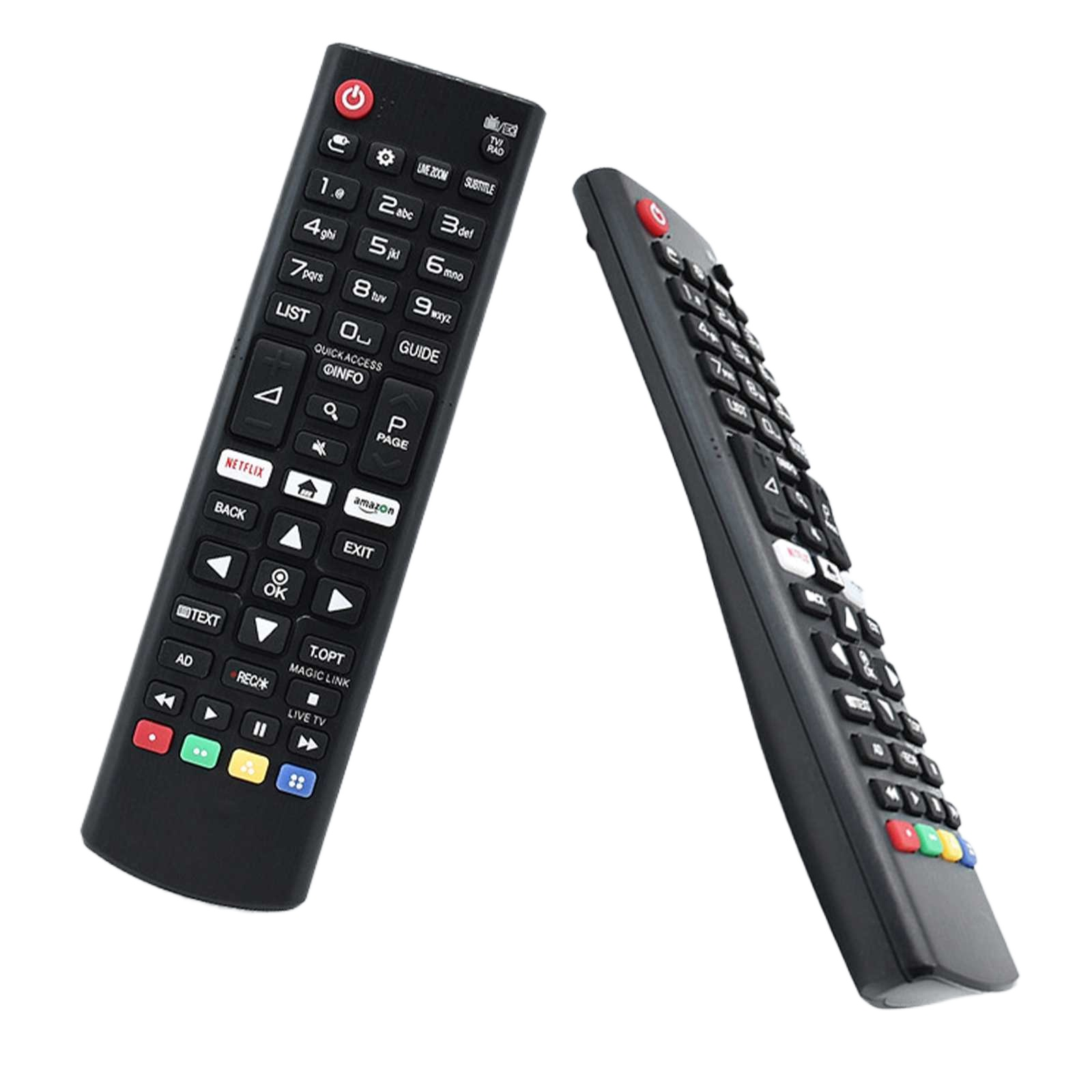 Zwei schwarze TV-Fernbedienungen. Eine ist zum Betrachter hin abgewinkelt. Tasten sind u. a. Power, Zahlen, Netflix und Lautstärkeregler.