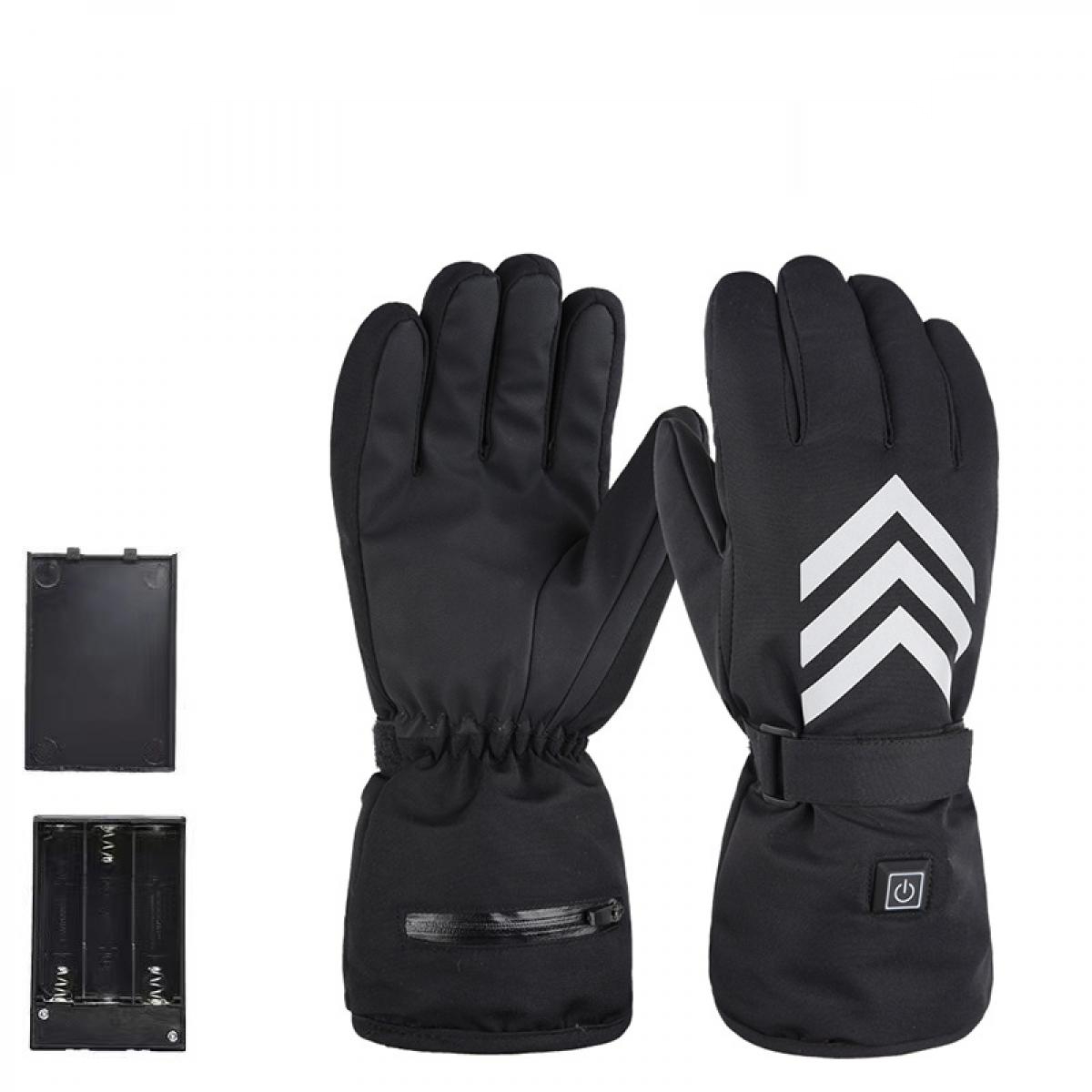 Schwarze Handschuhe mit weißen Chevron-Streifen, einem Reißverschluss und einem Power-Button. Batteriepack und Batteriehalter separat gezeigt.