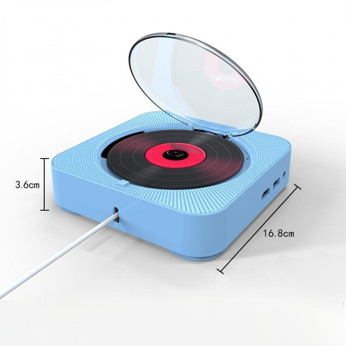 Ein blauer CD-Player mit offenem, transparentem Deckel und einer schwarzen Schallplatte im Inneren. Ein weißes Kabel ist eingesteckt. Abmessungen sind markiert.
