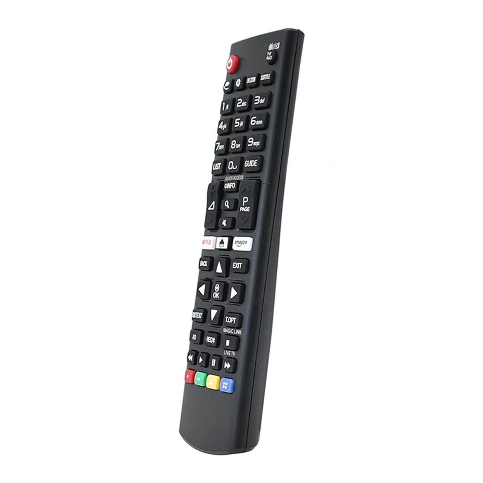 Eine schwarze LG TV-Fernbedienung mit verschiedenen Tasten, darunter Zahlen, Navigation und Streaming-Dienste, vor weißem Hintergrund.