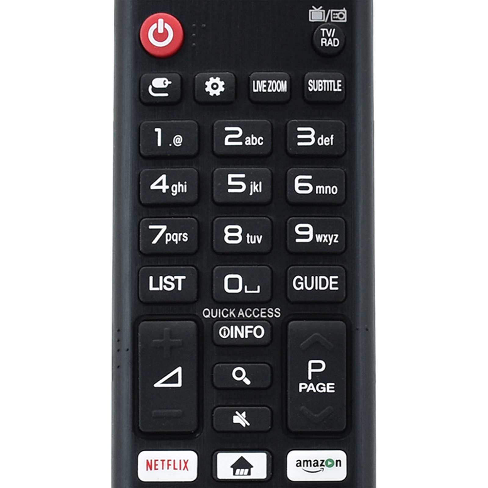 Eine schwarze LG-Fernbedienung mit vielen Tasten, darunter Netflix, Amazon, Zahlen und Lautstärkereglern.
