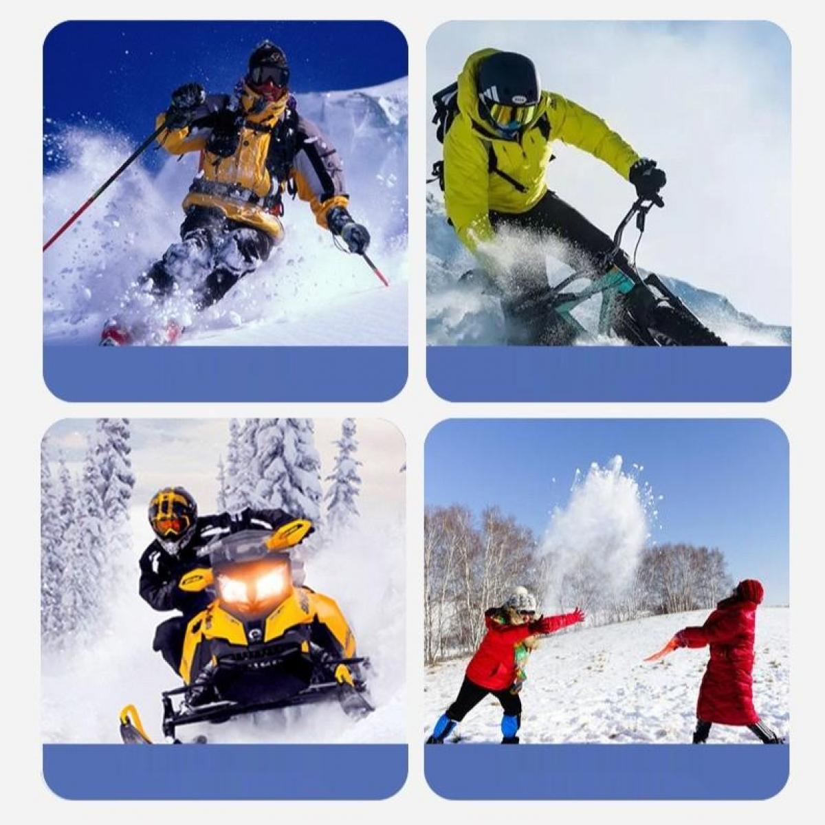 Vier Winteraktivitäten: Skifahren, Radfahren, Schneemobilfahren und Schneeballschlacht. Alle in verschneiten Landschaften mit blauem Himmel.