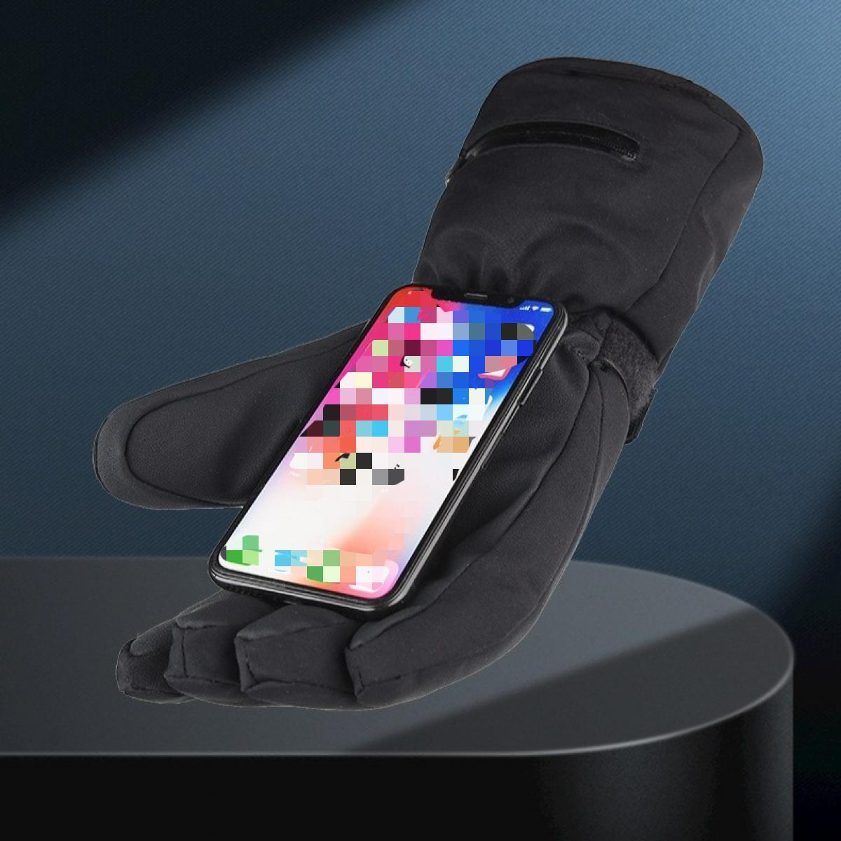 Schwarzer Handschuh, der ein Smartphone hält. Der Bildschirm zeigt verschwommene, bunte Symbole. Dunkelblauer Hintergrund.
