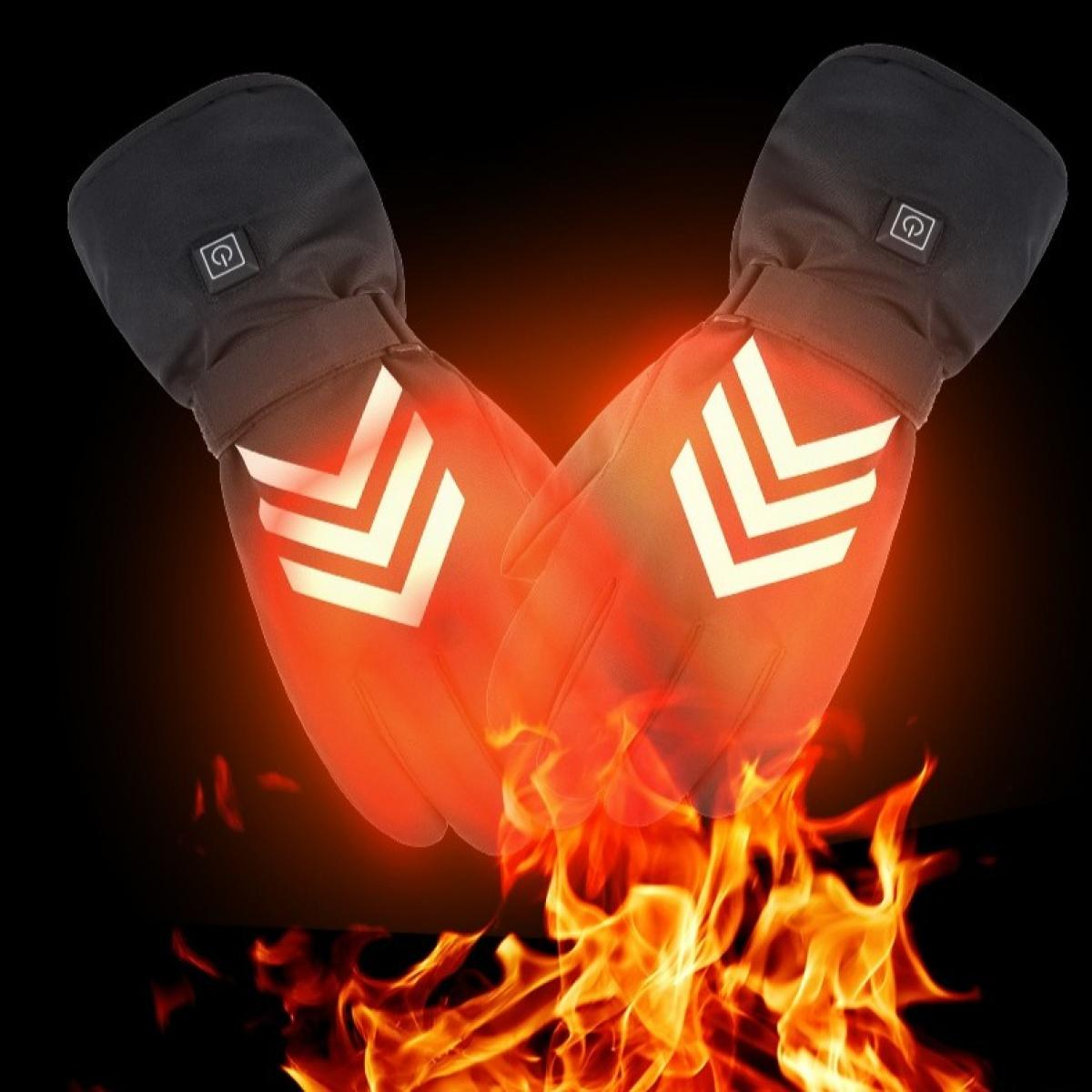 Paar beheizter Handschuhe mit weißen Pfeilen, die orange leuchten. Darunter sind Flammen vor schwarzem Hintergrund zu sehen.