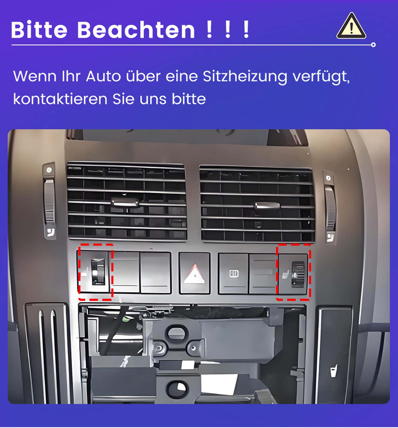 Dettaglio del cruscotto dell'auto. Contiene bocchette dell'aria, pulsante luci di emergenza e pulsanti riscaldamento sedili. Testo: 'Bitte Beachten!'
