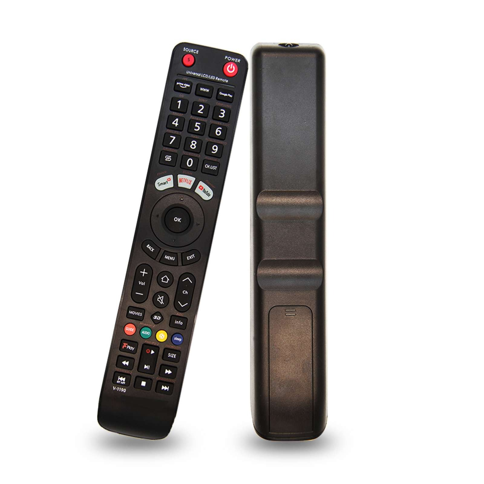 Eine schwarze TV-Fernbedienung mit vielen Knöpfen, darunter Zahlen und Streaming-Dienst-Tasten. Die Rückseite ist auch gezeigt.