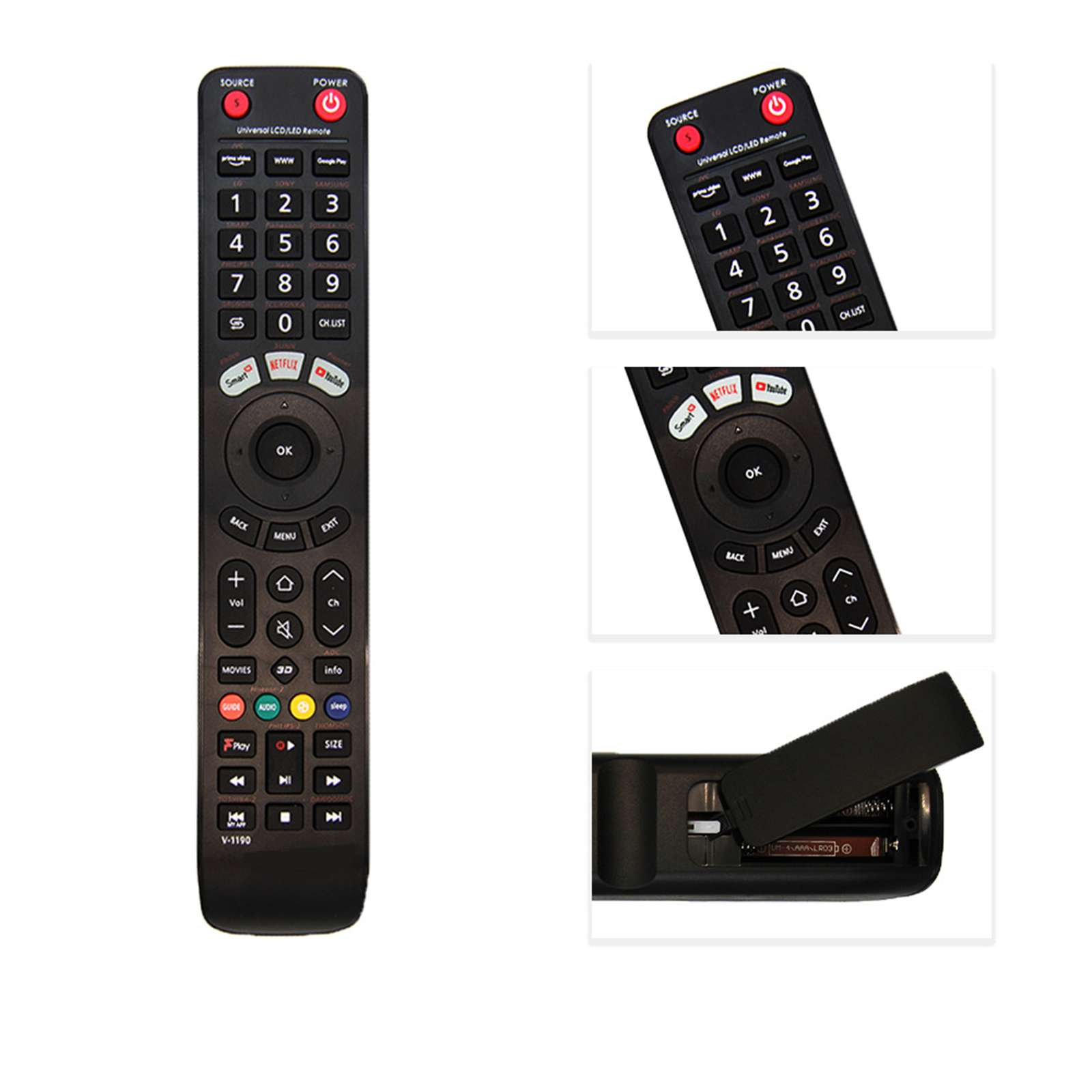 Schwarze Fernbedienung mit Tasten 1-9, Power, Quelle, Netflix, YouTube und Lautstärkereglern.