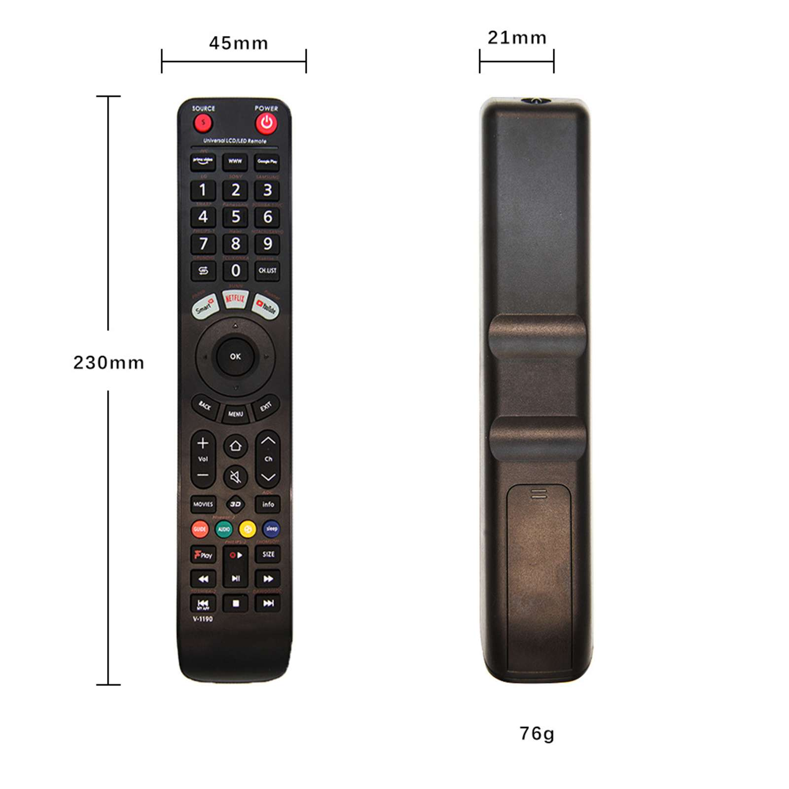 Eine TV-Fernbedienung mit beschrifteten Knöpfen und Maßen. Die Vorderseite zeigt Knöpfe, die Rückseite ist schlicht.