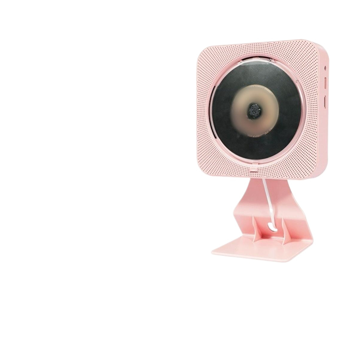 Ein rosa CD-Player mit rundem Fach und Ständer. Der Hintergrund ist weiß.