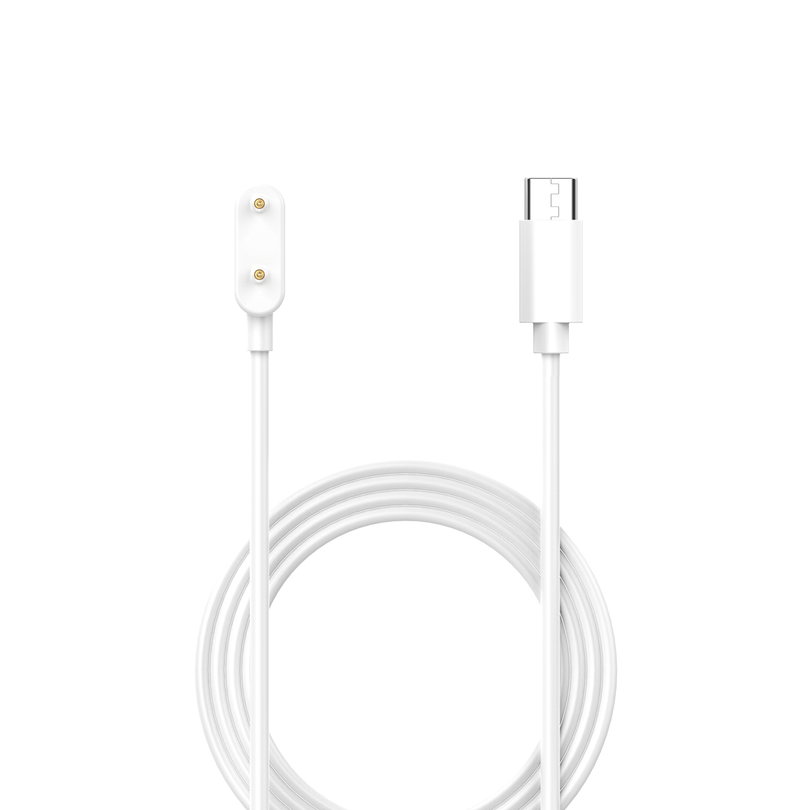 Weißes Ladekabel mit zwei Anschlusstypen. Ein Ende hat zwei Goldkontakte. Das andere hat einen USB-C-Anschluss.