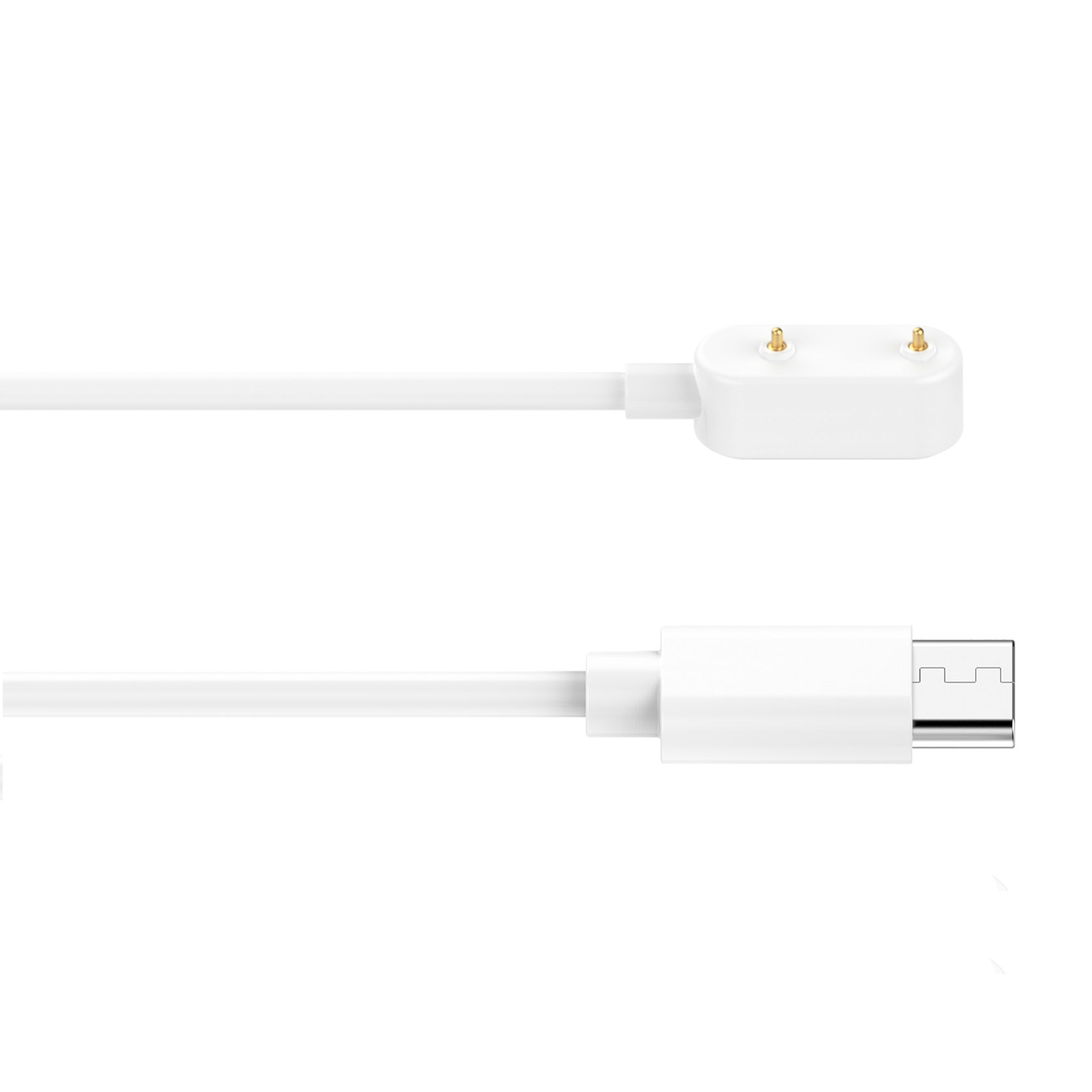 Weißes Ladekabel mit zwei goldenen Stiften an einem Ende und einem USB-C-Anschluss am anderen Ende, isoliert auf weißem Hintergrund.
