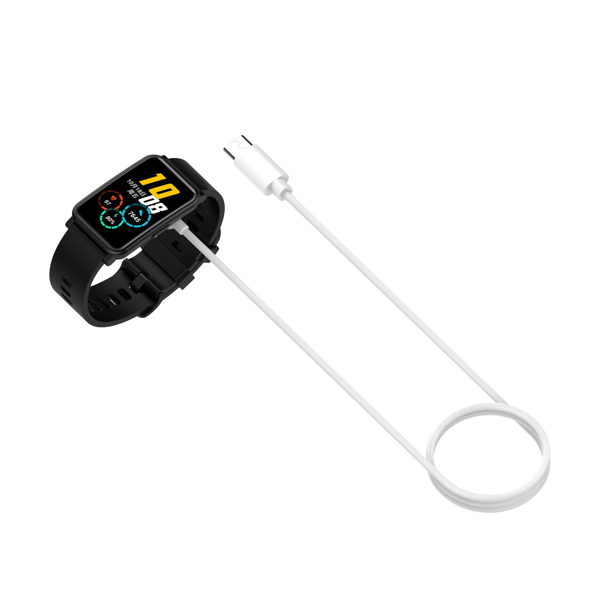 Schwarze Smartwatch mit weißem Ladekabel. Der Bildschirm zeigt Zeit, Datum und Gesundheitsmetriken. Weißer Hintergrund.