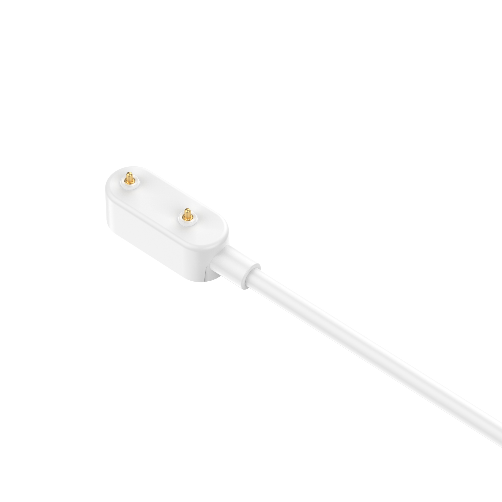 Weißes Ladekabel mit rechteckigem Stecker. Zwei goldene Stifte sind am Stecker sichtbar. Weißer Hintergrund.