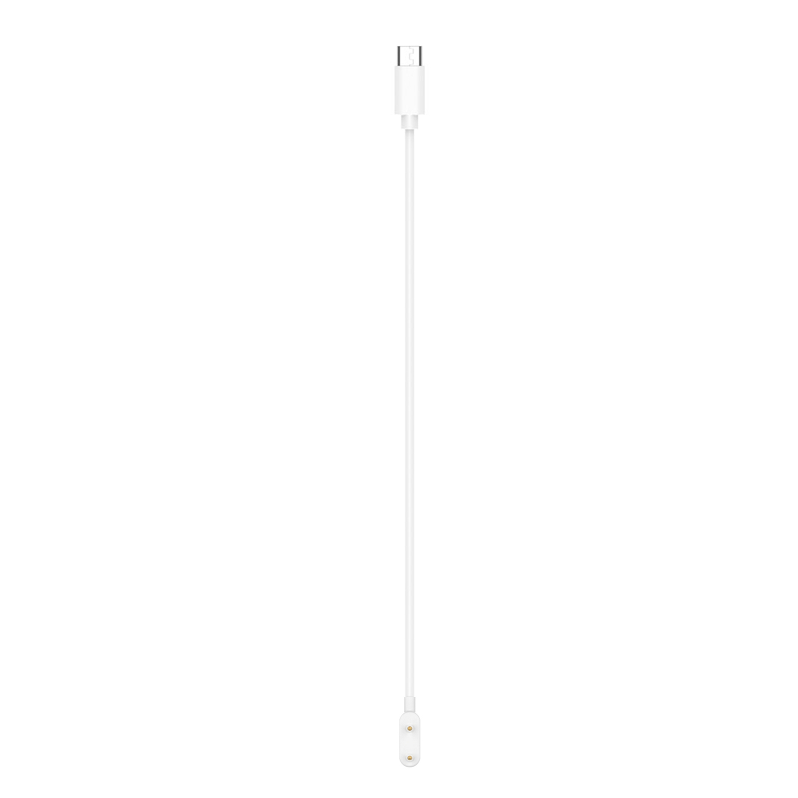 Ein weißes Ladekabel. Es hat einen USB-C-Anschluss an einem Ende und einen magnetischen Ladeanschluss am anderen.