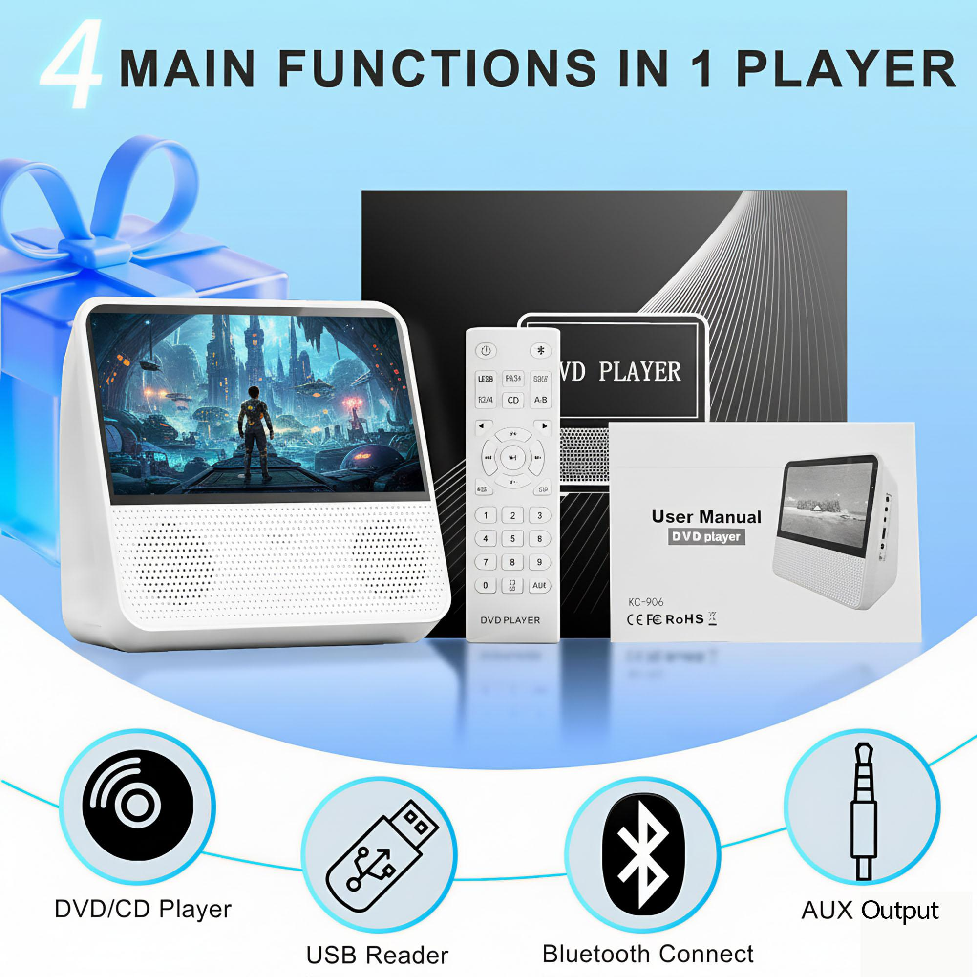 Ein weißer DVD-Player mit Fernbedienung, Handbuch und Symbolen für DVD/CD, USB, Bluetooth und AUX, mit Text "4 Hauptfunktionen".