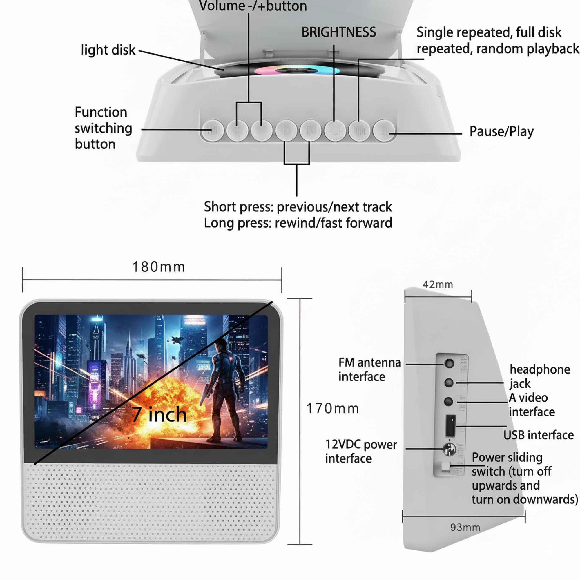 Ein weißer Mediaplayer mit 7-Zoll-Bildschirm. Enthält Bedientasten, Anschlüsse und Abmessungen in mm.