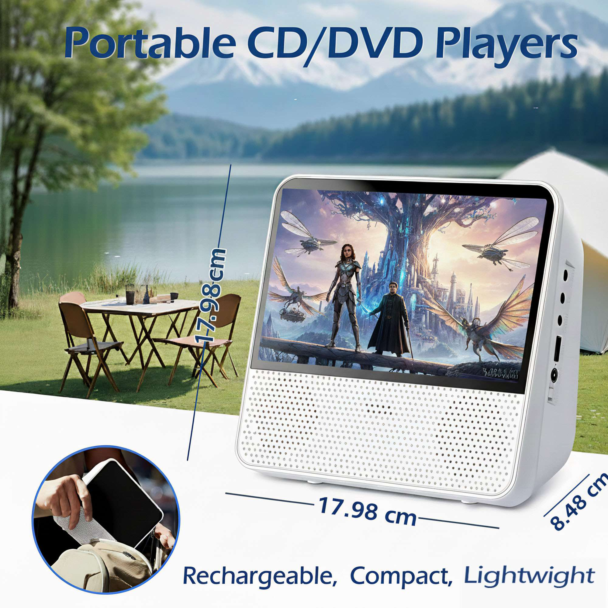 Tragbarer CD/DVD-Player mit Bildschirm, der eine Fantasy-Szene zeigt. Abmessungen sind angegeben. Der Hintergrund zeigt einen See und Berge.