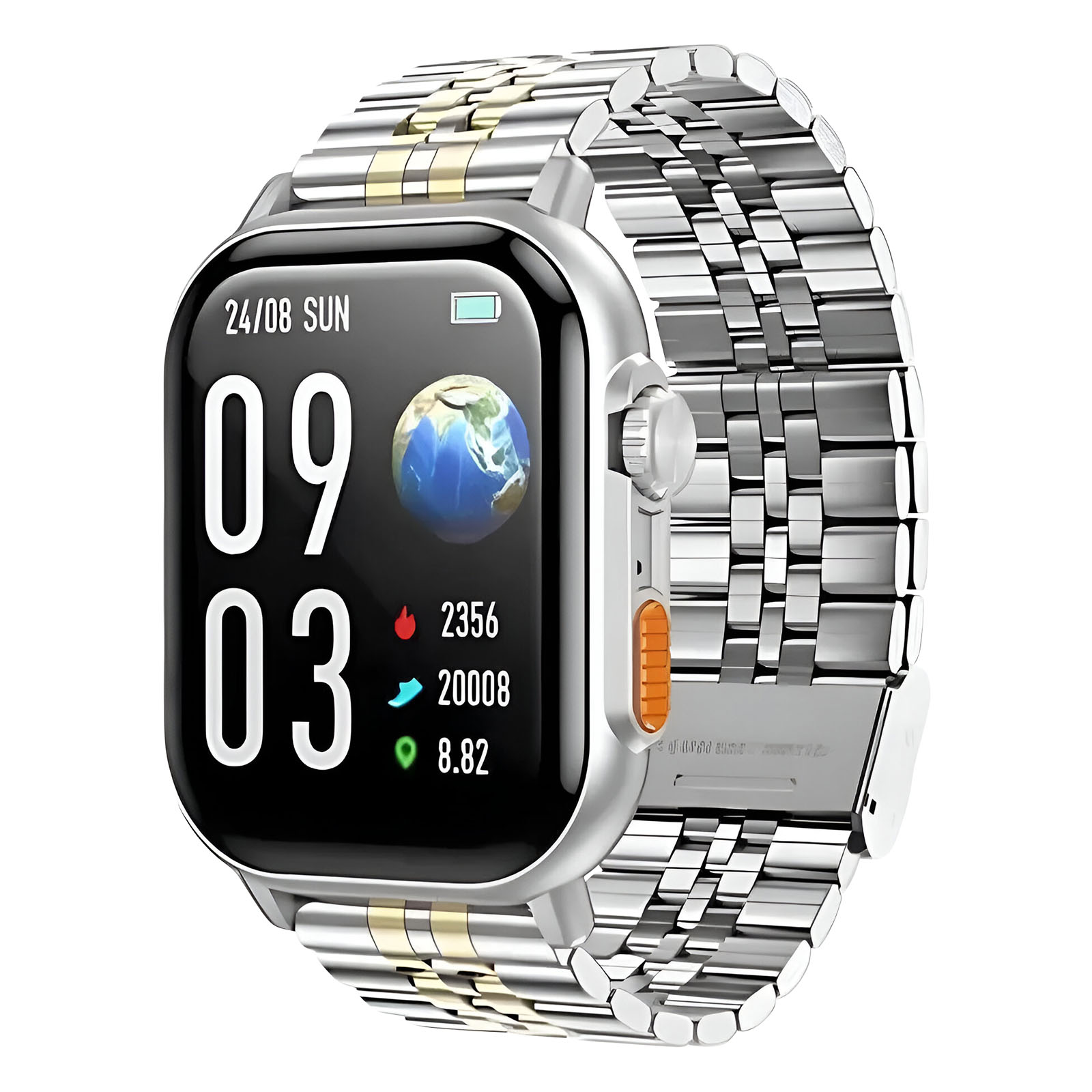 Uno smartwatch argentato con schermo nero che mostra ora e dati sanitari, su un cinturino argento e oro.