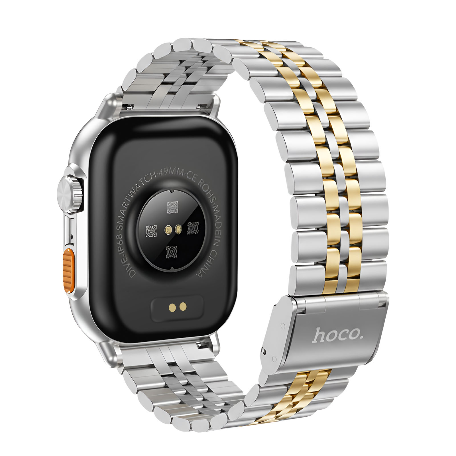 Smartwatch argentato con schermo nero e cinturino in acciaio inossidabile con accenti dorati. Il marchio 'hoco' è visibile.