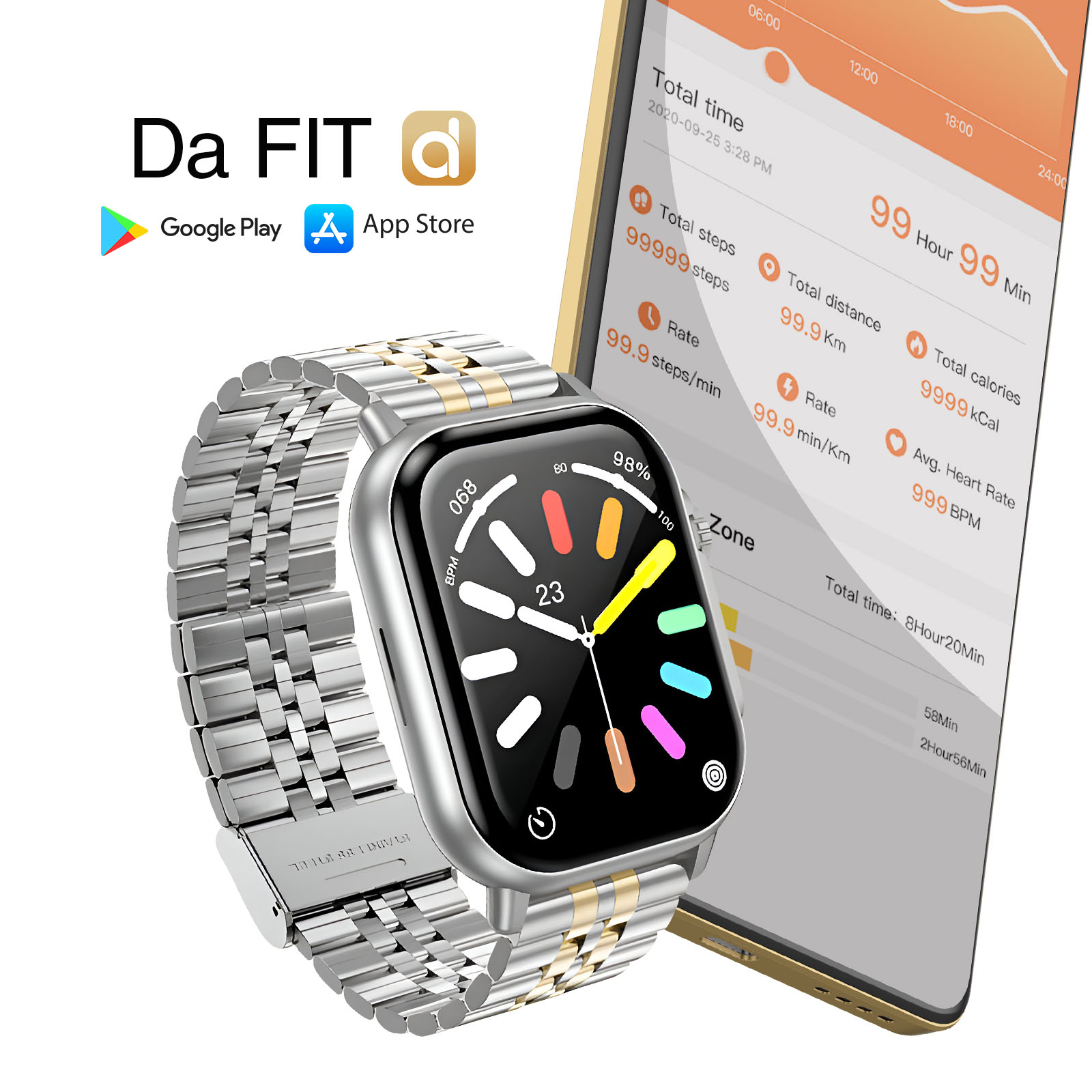 Smartwatch con dati sullo schermo. Mostra statistiche, tempo e frequenza cardiaca. Cinturino in acciaio inox e dettagli dorati.
