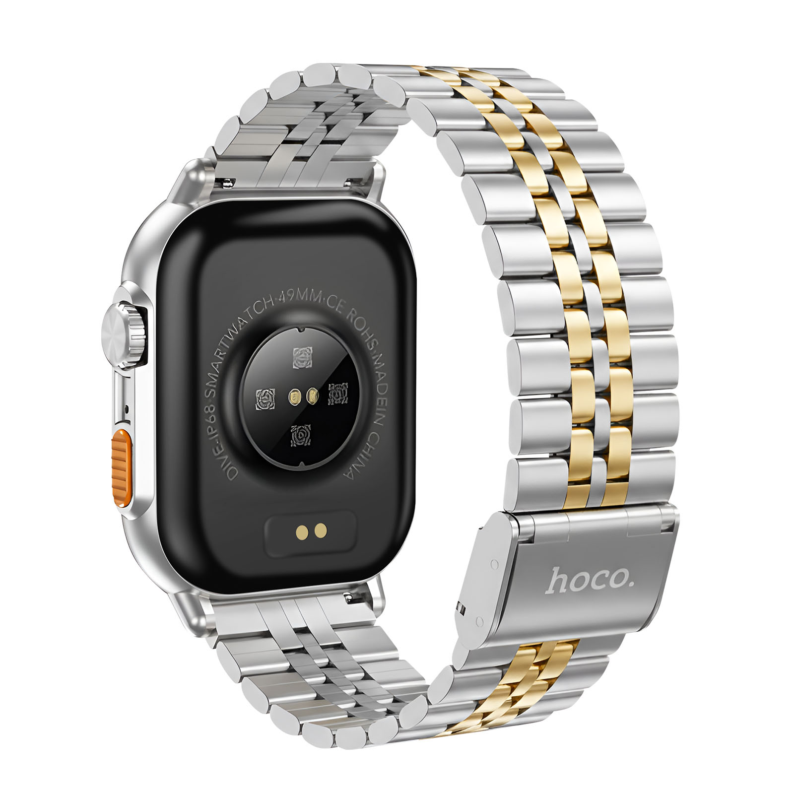 Uno smartwatch con cinturino in metallo argento e oro. Il quadrante è nero. Il cinturino è collegato all'orologio.
