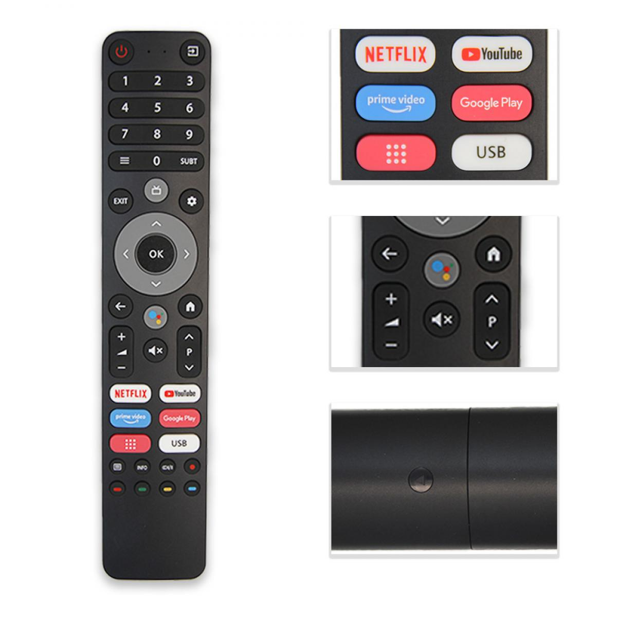 Eine schwarze Fernbedienung mit Tasten für Netflix, YouTube, Lautstärke und Navigation. Mehrere Nahaufnahmen von Teilen.