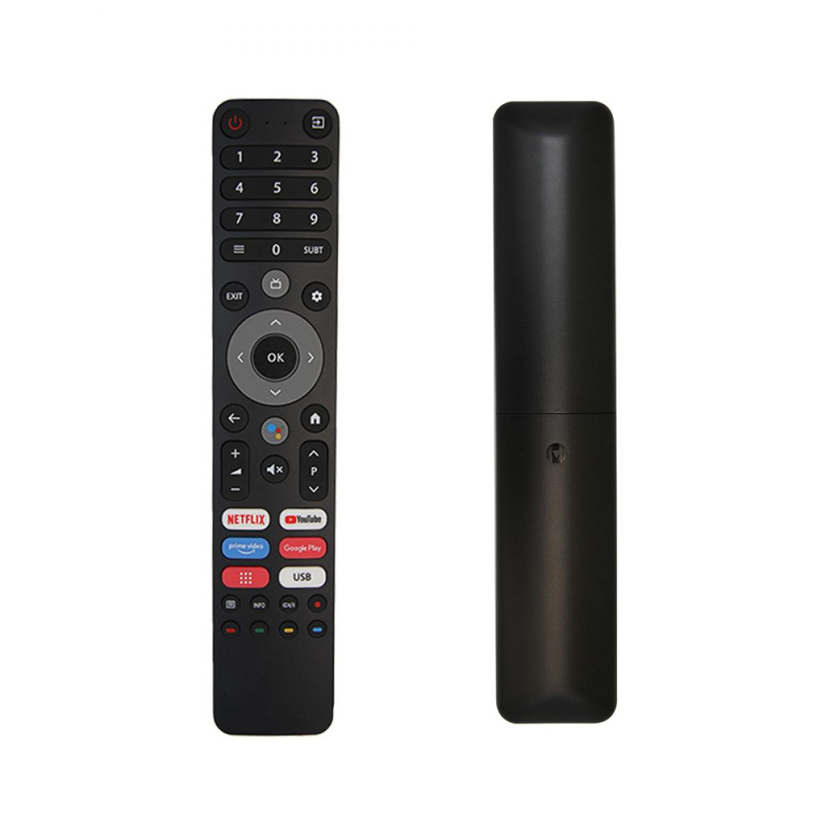 Eine schwarze TV-Fernbedienung mit Tasten und einem schwarzen zylindrischen Objekt. Die Fernbedienung hat Zifferntasten, Netflix- und YouTube-Tasten.
