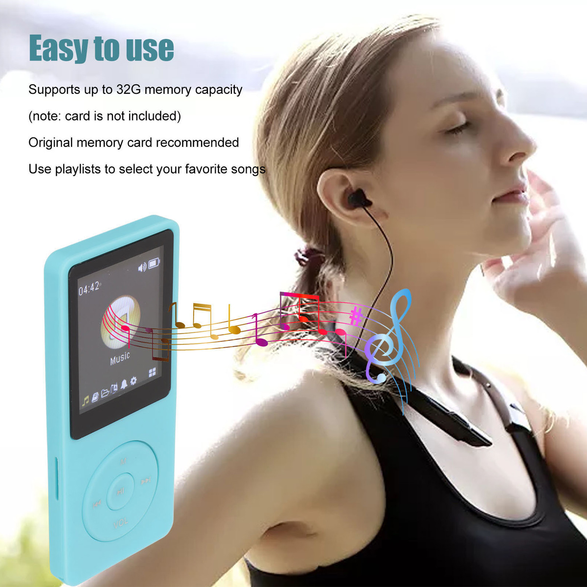 Eine Frau mit Kopfhörern und einem MP3-Player. Noten sind abgebildet. Text lautet 'Einfach zu bedienen' und beschreibt Funktionen.