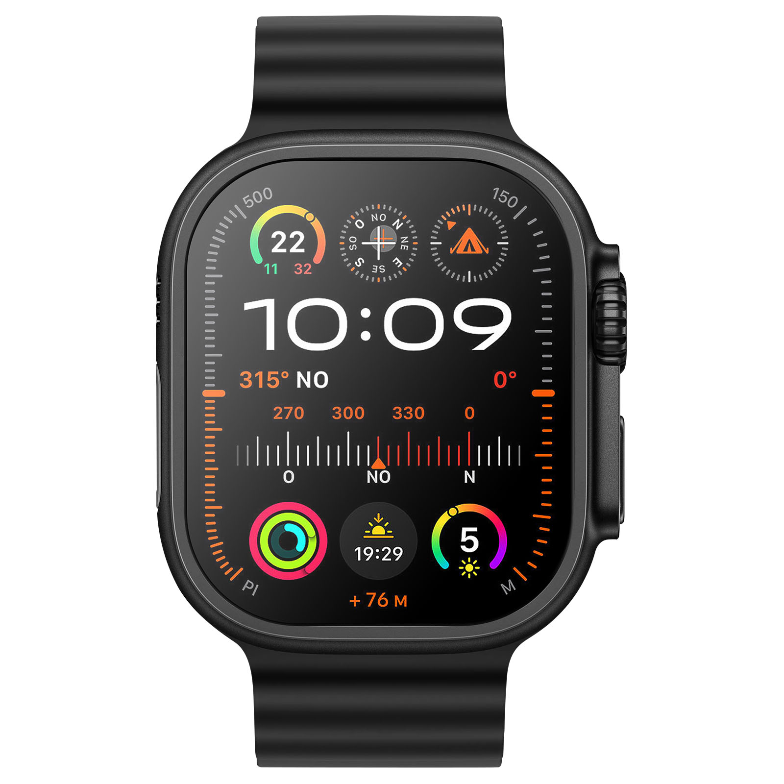 Eine schwarze Smartwatch zeigt Zeit, Kompass und Aktivitätsdaten an. Die Uhrzeit ist 10:09. Die Uhr hat ein schwarzes Armband.