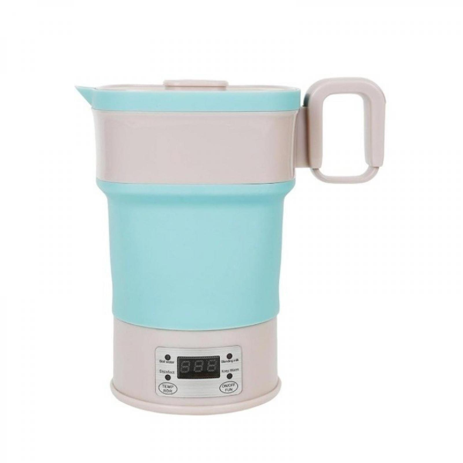 Ein beige-teal elektrischer Wasserkocher mit Griff und Digitalanzeige, Etiketten: Wasser kochen, desinfizieren, warmhalten.