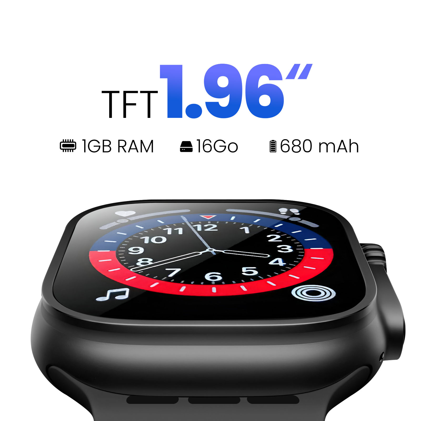 Schwarze Smartwatch mit digitaler Anzeige, die ein Ziffernblatt zeigt, umgeben von Spezifikationen. Die Displaygröße beträgt 1,96 Zoll.