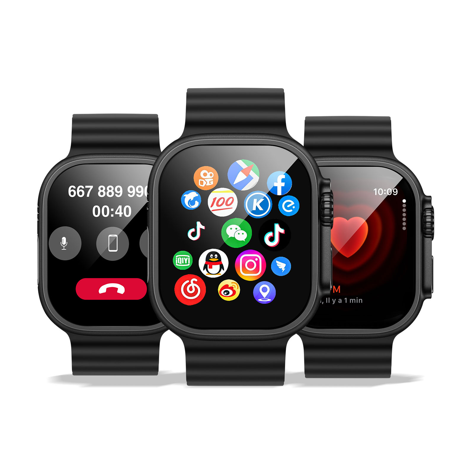 Drei schwarze Smartwatches mit verschiedenen Bildschirmen: Anrufbildschirm, App-Symbole und Herzfrequenzmesser. Weißer Hintergrund.