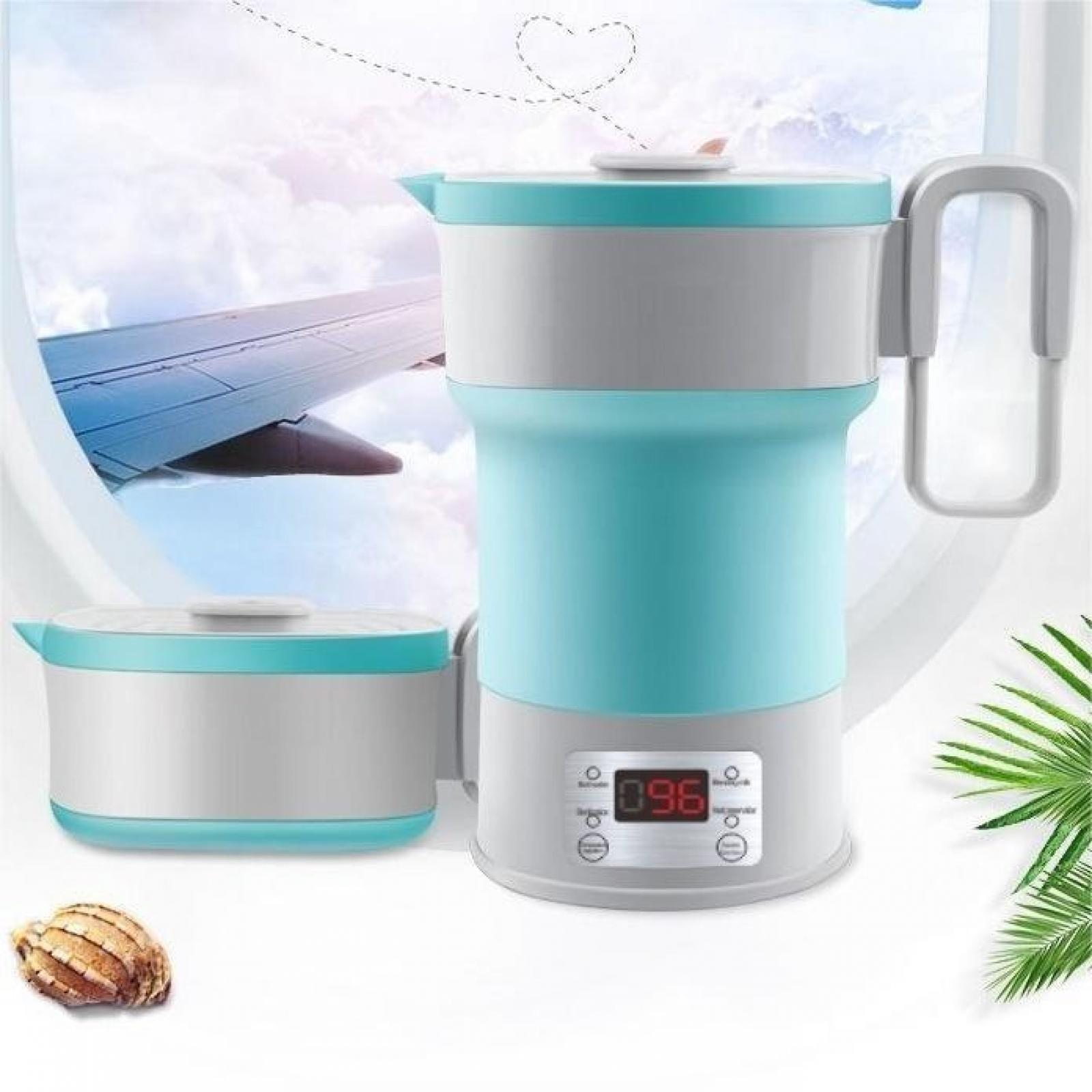 Ein faltbarer teal-weißer Wasserkocher mit digitalem Display und passendem Behälter, vor einem Himmelshintergrund.